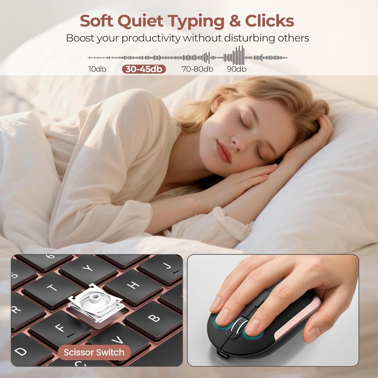 Rechargeable Wireless Keyboard Mouse Combo Full Size Cordless Keyboard & Mouse Sets with Build-In Lithium Battery Ultra Thin Quiet Keyboard Mice (Black and Rose Gold)