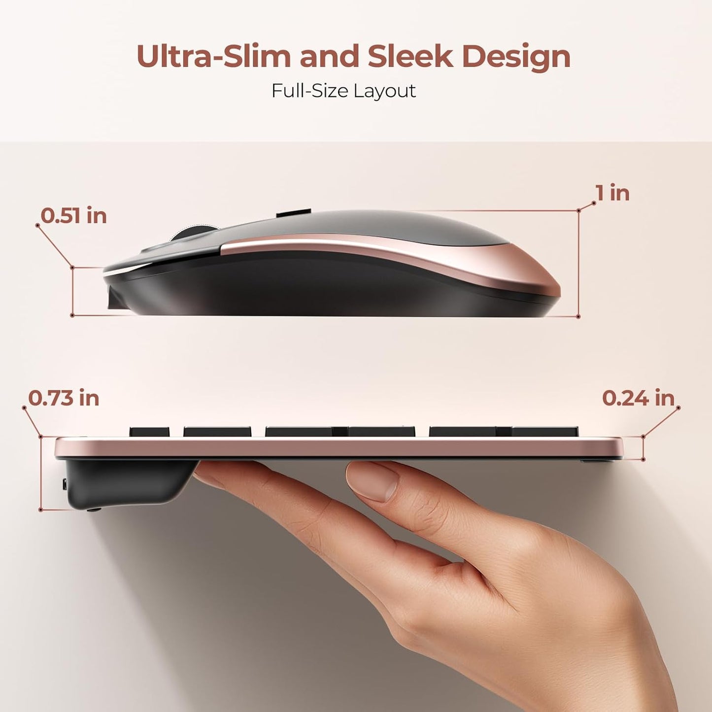 Rechargeable Wireless Keyboard Mouse Combo Full Size Cordless Keyboard & Mouse Sets with Build-In Lithium Battery Ultra Thin Quiet Keyboard Mice (Black and Rose Gold)