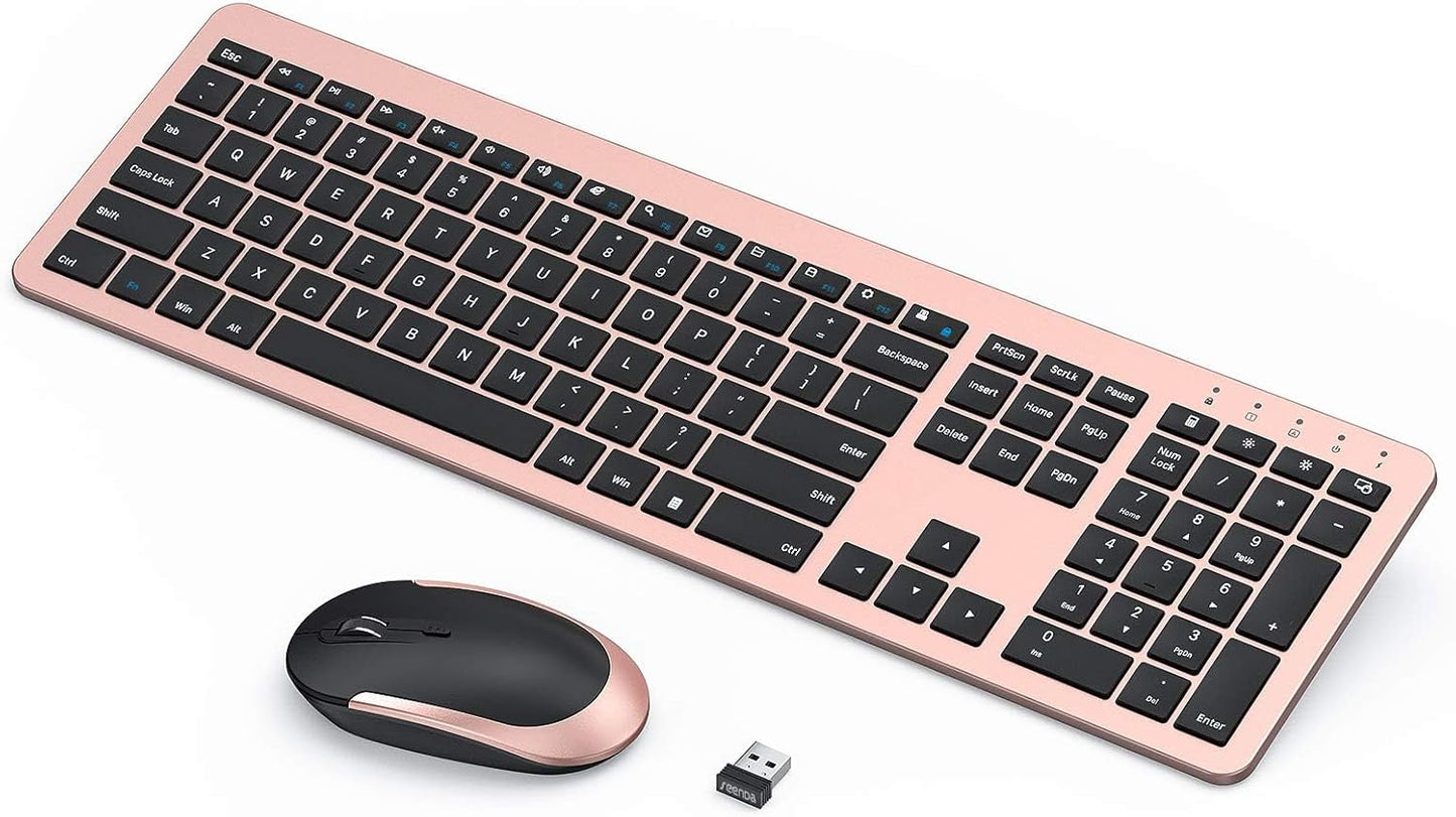 Rechargeable Wireless Keyboard Mouse Combo Full Size Cordless Keyboard & Mouse Sets with Build-In Lithium Battery Ultra Thin Quiet Keyboard Mice (Black and Rose Gold)