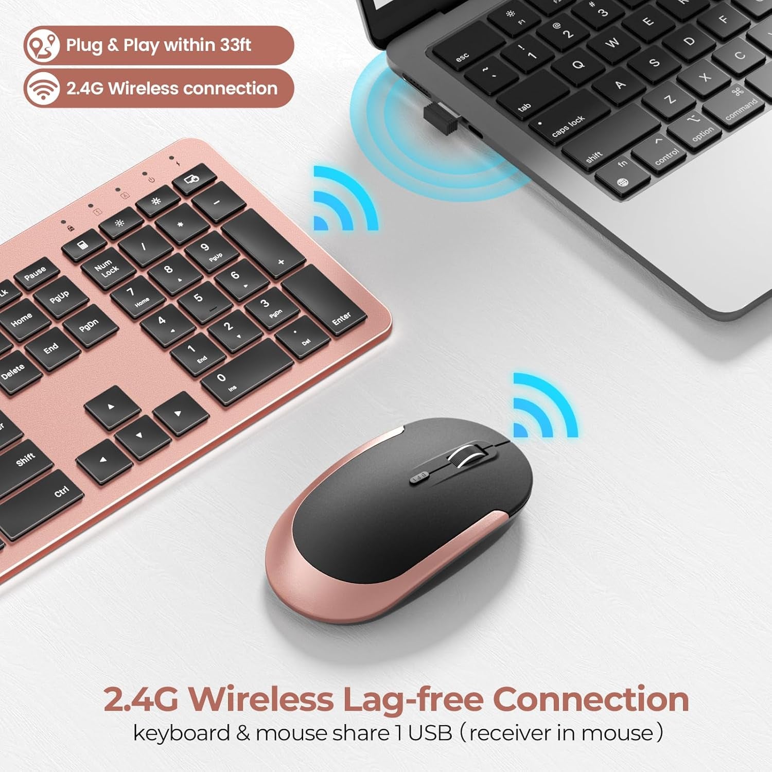 Rechargeable Wireless Keyboard Mouse Combo Full Size Cordless Keyboard & Mouse Sets with Build-In Lithium Battery Ultra Thin Quiet Keyboard Mice (Black and Rose Gold)