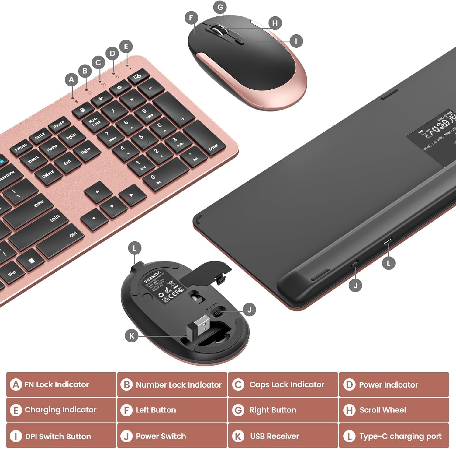 Rechargeable Wireless Keyboard Mouse Combo Full Size Cordless Keyboard & Mouse Sets with Build-In Lithium Battery Ultra Thin Quiet Keyboard Mice (Black and Rose Gold)