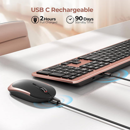 Rechargeable Wireless Keyboard Mouse Combo Full Size Cordless Keyboard & Mouse Sets with Build-In Lithium Battery Ultra Thin Quiet Keyboard Mice (Black and Rose Gold)