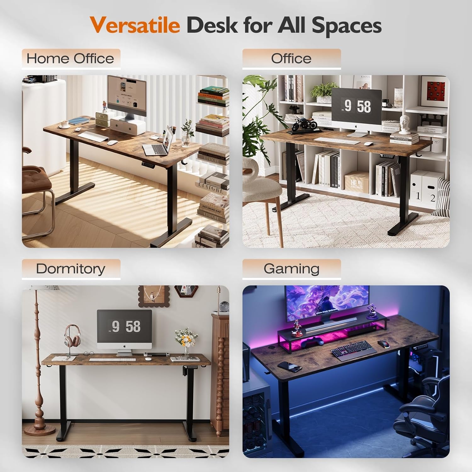 Electric Height Adjustable Standing Desk, 55X24 Inches, Ergonomic Home Office Sit/Stand up Desk with Two-Piece Desktop (Black Steel Frame/Rustic Brown Top)