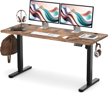 Electric Height Adjustable Standing Desk, 55X24 Inches, Ergonomic Home Office Sit/Stand up Desk with Two-Piece Desktop (Black Steel Frame/Rustic Brown Top)