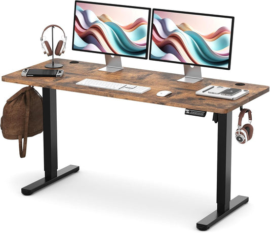 Electric Height Adjustable Standing Desk, 55X24 Inches, Ergonomic Home Office Sit/Stand up Desk with Two-Piece Desktop (Black Steel Frame/Rustic Brown Top)