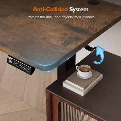 Electric Height Adjustable Standing Desk, 55X24 Inches, Ergonomic Home Office Sit/Stand up Desk with Two-Piece Desktop (Black Steel Frame/Rustic Brown Top)