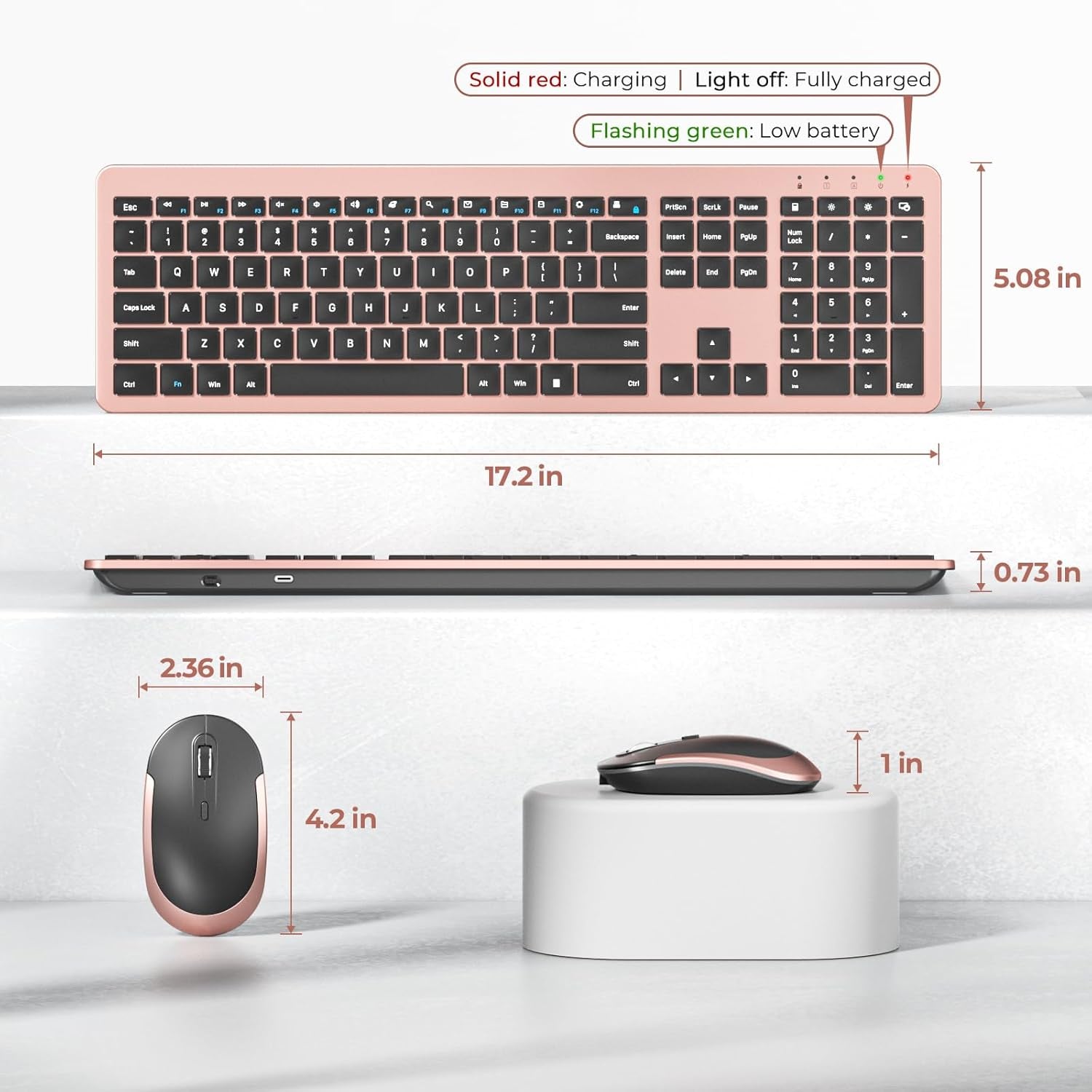 Rechargeable Wireless Keyboard Mouse Combo Full Size Cordless Keyboard & Mouse Sets with Build-In Lithium Battery Ultra Thin Quiet Keyboard Mice (Black and Rose Gold)