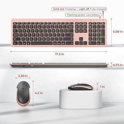 Rechargeable Wireless Keyboard Mouse Combo Full Size Cordless Keyboard & Mouse Sets with Build-In Lithium Battery Ultra Thin Quiet Keyboard Mice (Black and Rose Gold)